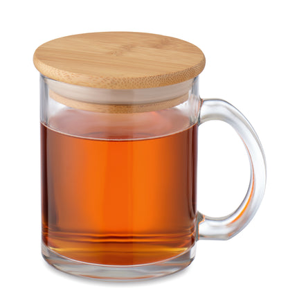 Kaffeebecher aus recyceltem Glas mit Deckel aus Bambus. Füllmenge: 300 ml. Bambus
