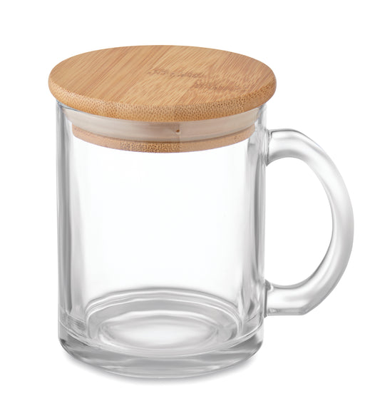 Kaffeebecher aus recyceltem Glas mit Deckel aus Bambus. Füllmenge: 300 ml. Bambus