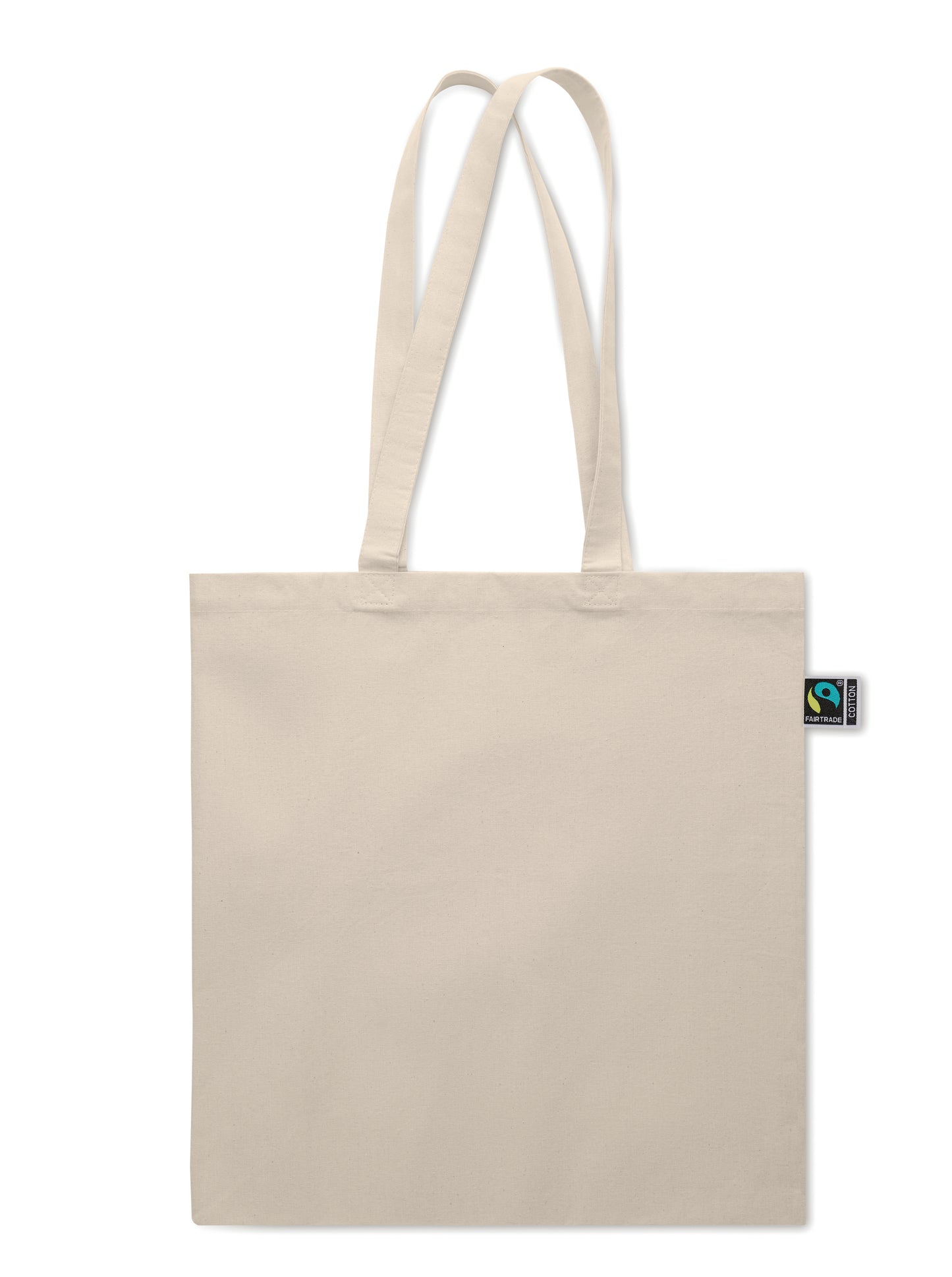 Einkaufstasche aus Fairtrade-Baumwolle. Lange Tragegriffe und seitliche Falz. 180 g/m².