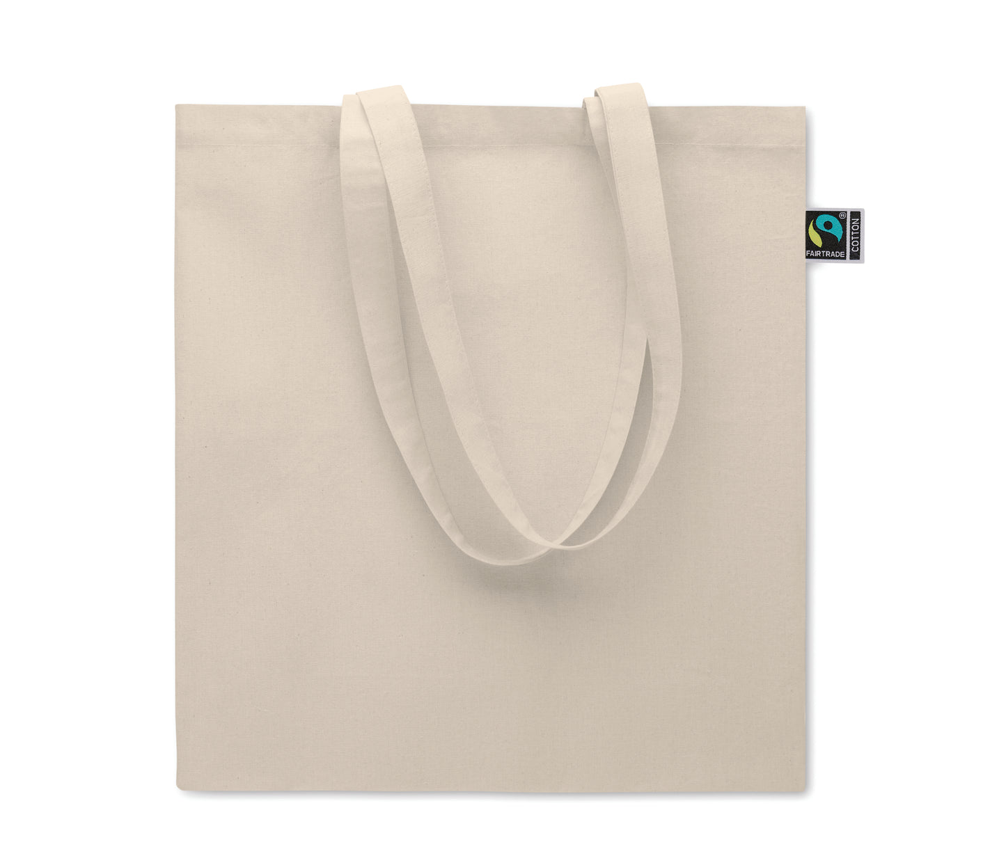 Einkaufstasche aus Fairtrade-Baumwolle. Lange Tragegriffe und seitliche Falz. 180 g/m².