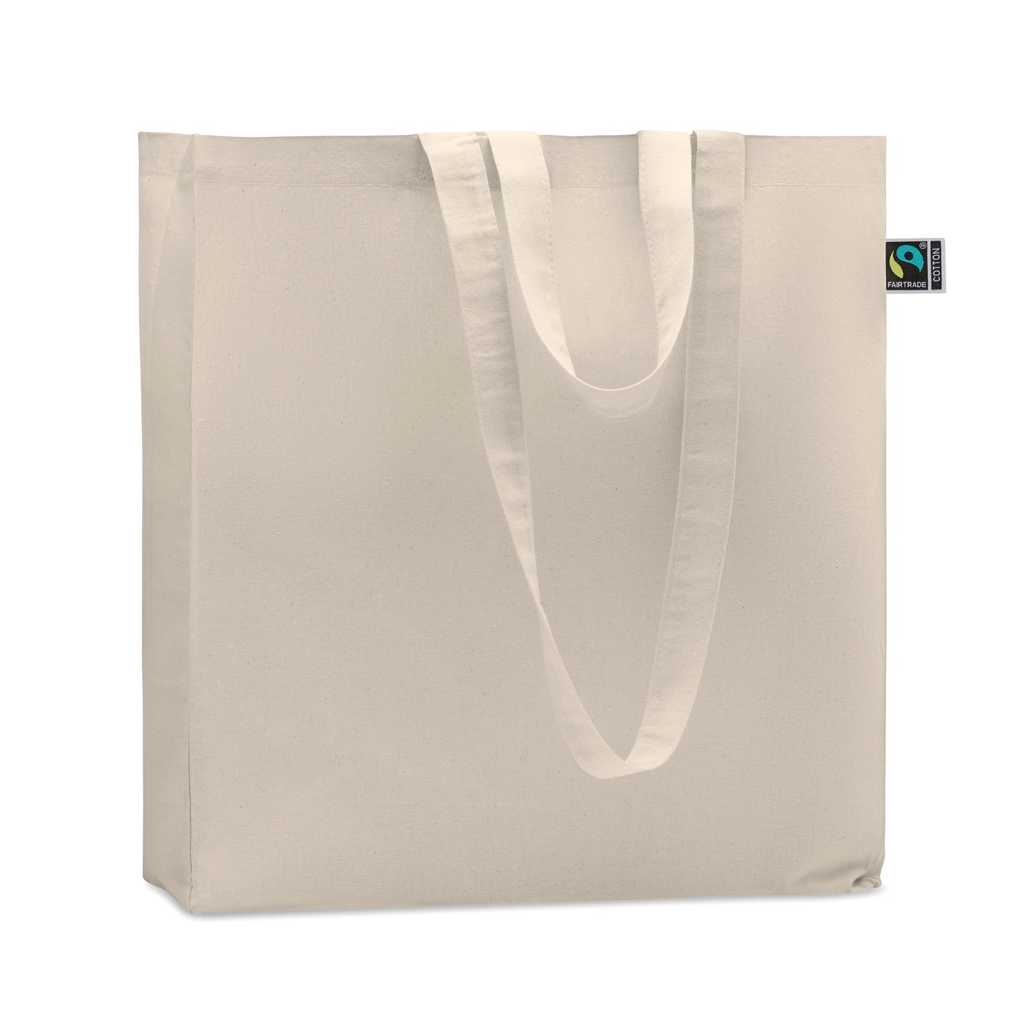 Einkaufstasche aus Fairtrade-Baumwolle. Lange Tragegriffe und seitliche Falz. 180 g/m².