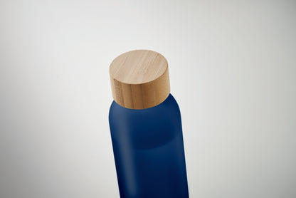 Glasflasche mit gefrosteter Oberfläche und Deckel aus Bambus. Auslaufsicher. Füllmenge: 500 ml.
