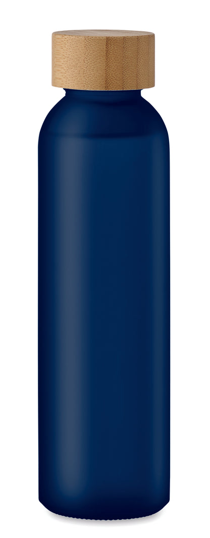 Glasflasche mit gefrosteter Oberfläche und Deckel aus Bambus. Auslaufsicher. Füllmenge: 500 ml.