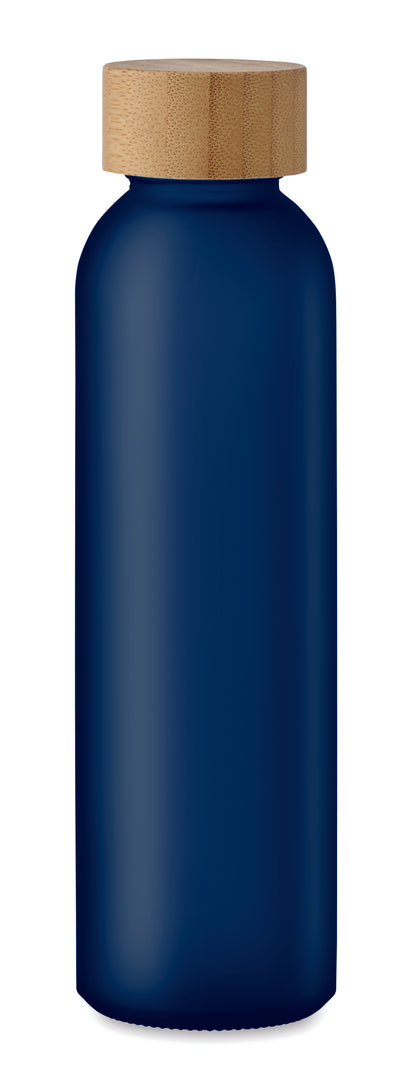 Glasflasche mit gefrosteter Oberfläche und Deckel aus Bambus. Auslaufsicher. Füllmenge: 500 ml.