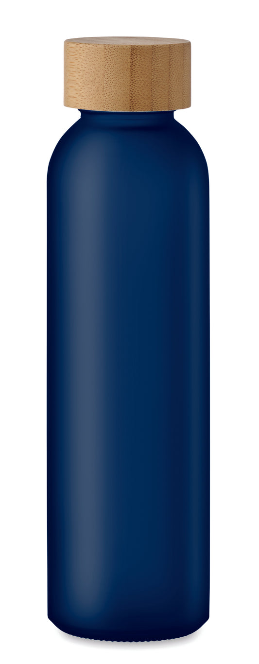 Glasflasche mit gefrosteter Oberfläche und Deckel aus Bambus. Auslaufsicher. Füllmenge: 500 ml.