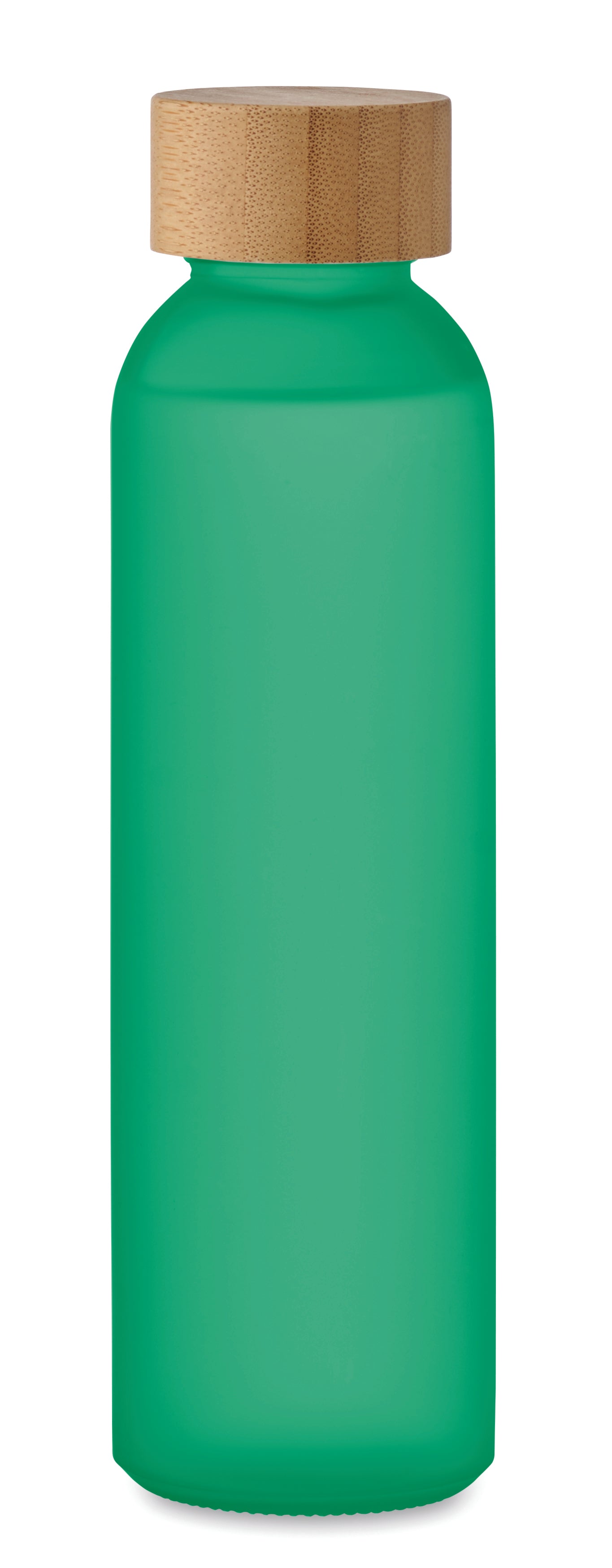 Glasflasche mit gefrosteter Oberfläche und Deckel aus Bambus. Auslaufsicher. Füllmenge: 500 ml.
