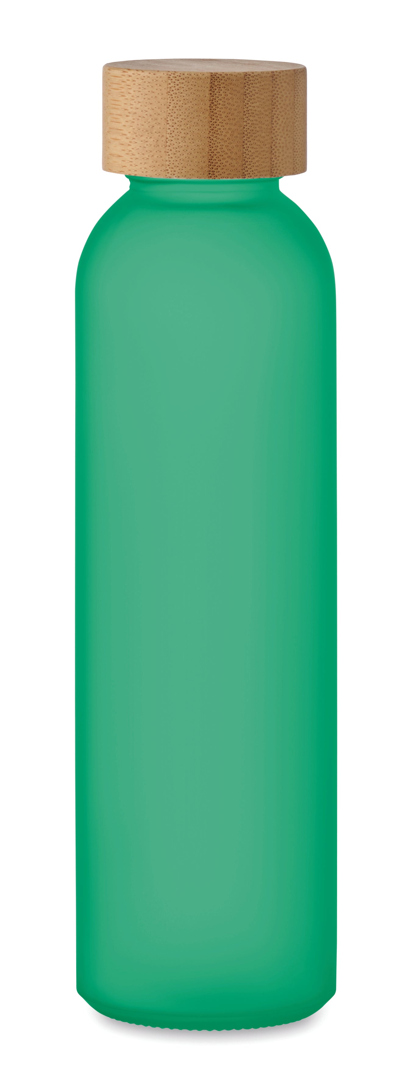 Glasflasche mit gefrosteter Oberfläche und Deckel aus Bambus. Auslaufsicher. Füllmenge: 500 ml.