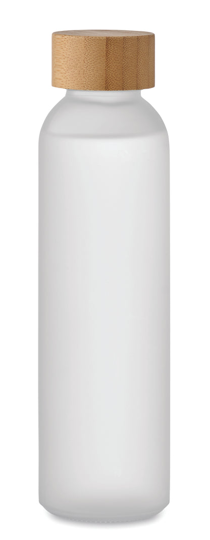 Glasflasche mit gefrosteter Oberfläche und Deckel aus Bambus. Auslaufsicher. Füllmenge: 500 ml.