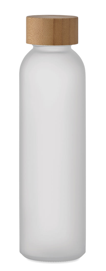 Glasflasche mit gefrosteter Oberfläche und Deckel aus Bambus. Auslaufsicher. Füllmenge: 500 ml.