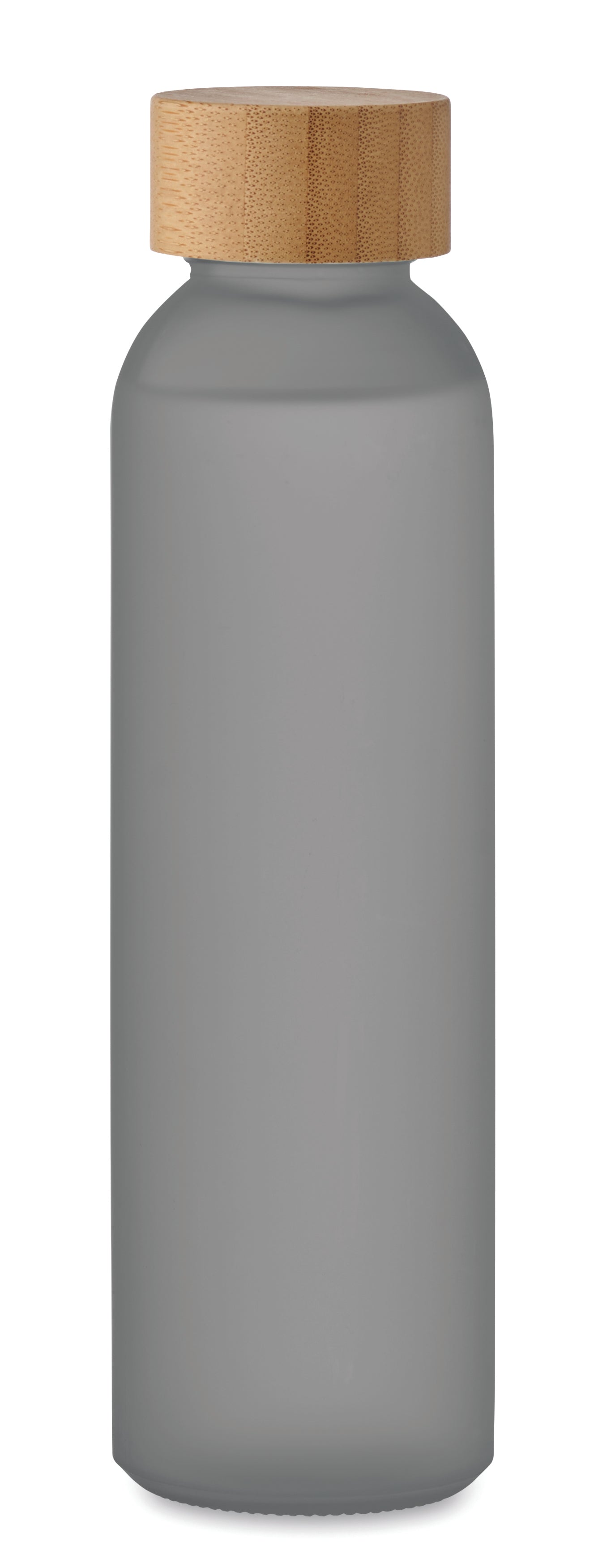 Glasflasche mit gefrosteter Oberfläche und Deckel aus Bambus. Auslaufsicher. Füllmenge: 500 ml.