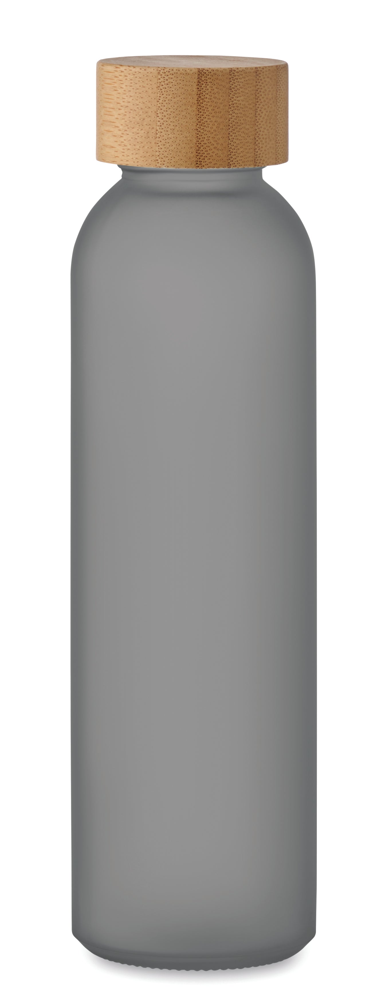 Glasflasche mit gefrosteter Oberfläche und Deckel aus Bambus. Auslaufsicher. Füllmenge: 500 ml.