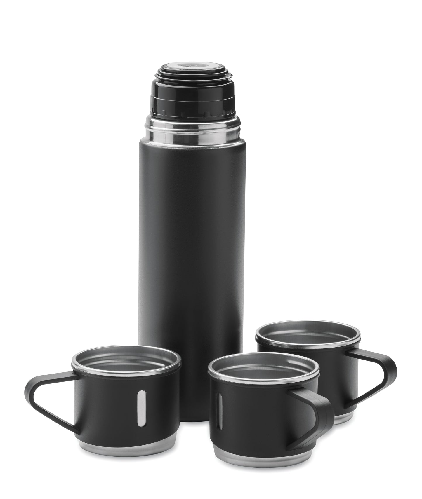 Set bestehend aus doppelwandiger Isolierflasche sowie 3 passenden Bechern. Der Becher kann