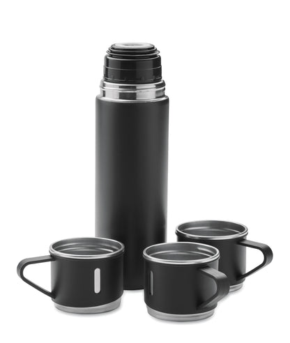 Set bestehend aus doppelwandiger Isolierflasche sowie 3 passenden Bechern. Der Becher kann