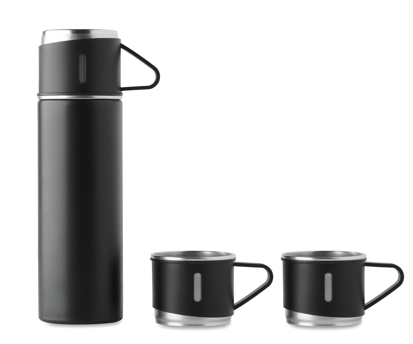 Set bestehend aus doppelwandiger Isolierflasche sowie 3 passenden Bechern. Der Becher kann