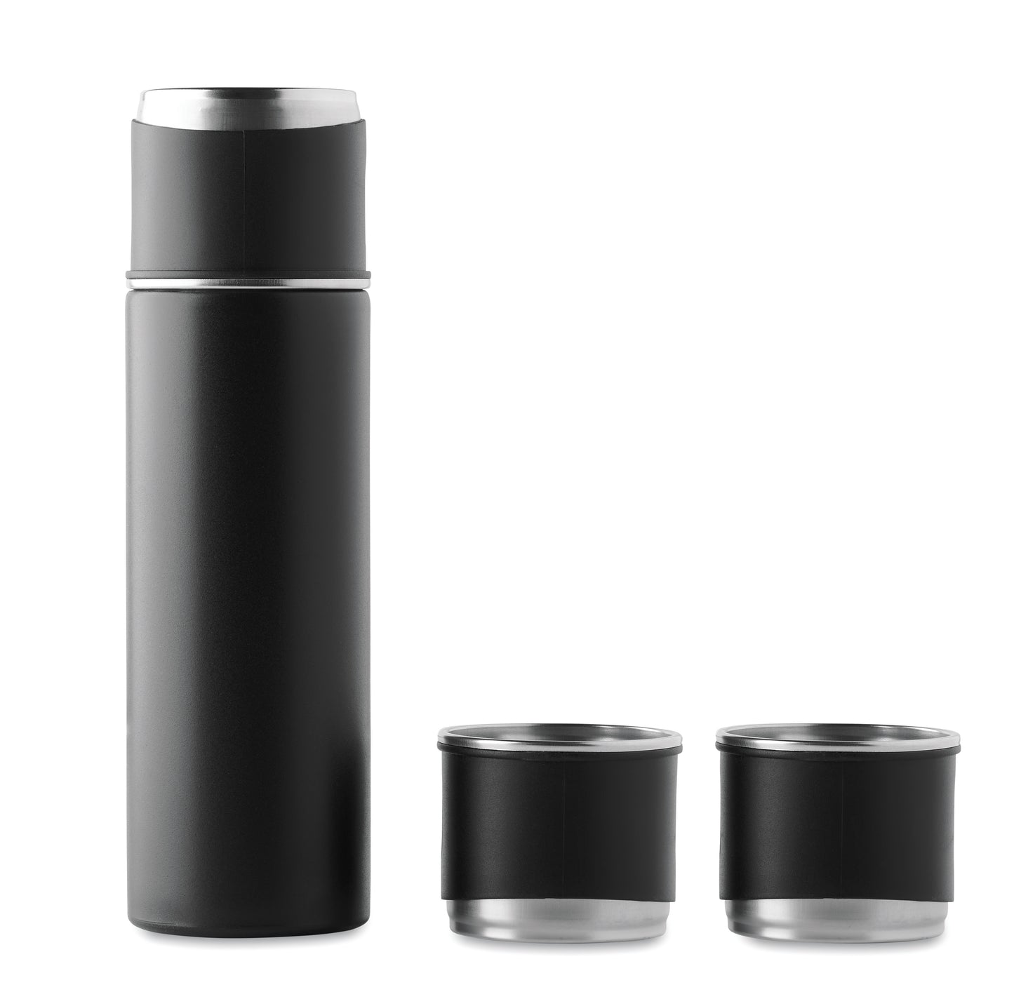 Set bestehend aus doppelwandiger Isolierflasche sowie 3 passenden Bechern. Der Becher kann