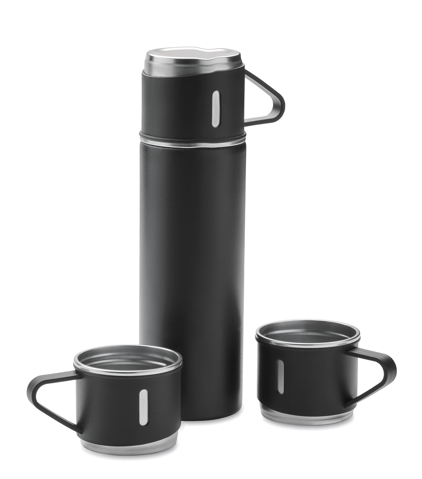 Set bestehend aus doppelwandiger Isolierflasche sowie 3 passenden Bechern. Der Becher kann