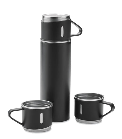 Set bestehend aus doppelwandiger Isolierflasche sowie 3 passenden Bechern. Der Becher kann