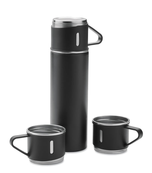 Set bestehend aus doppelwandiger Isolierflasche sowie 3 passenden Bechern. Der Becher kann