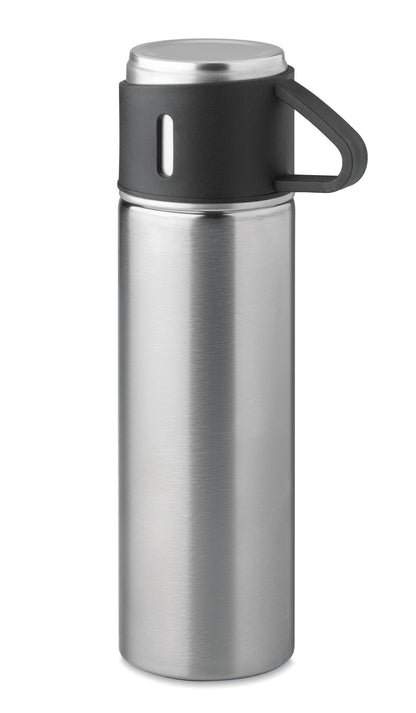 Set bestehend aus doppelwandiger Isolierflasche sowie 1 passenden Becher. Der Becher kann