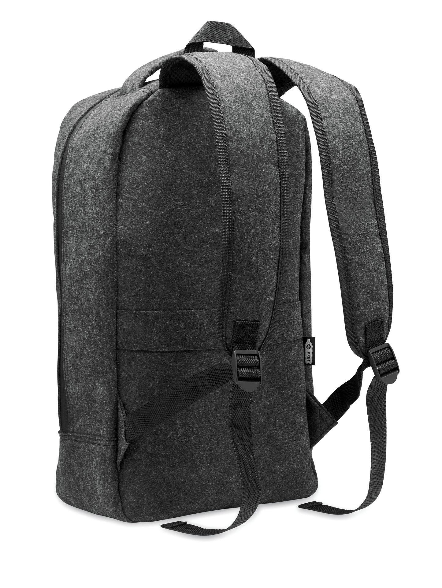 13'''' Laptop Rucksack aus RPET-Filz. Großes Hauptfach und Reißverschlussfach. Gepolsterte Rückseite und