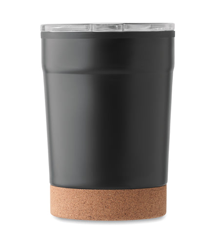 Doppelwandiger Becher aus Edelstahl mit PP-Innenseite. Der Boden ist mit Kork abgesetzt.