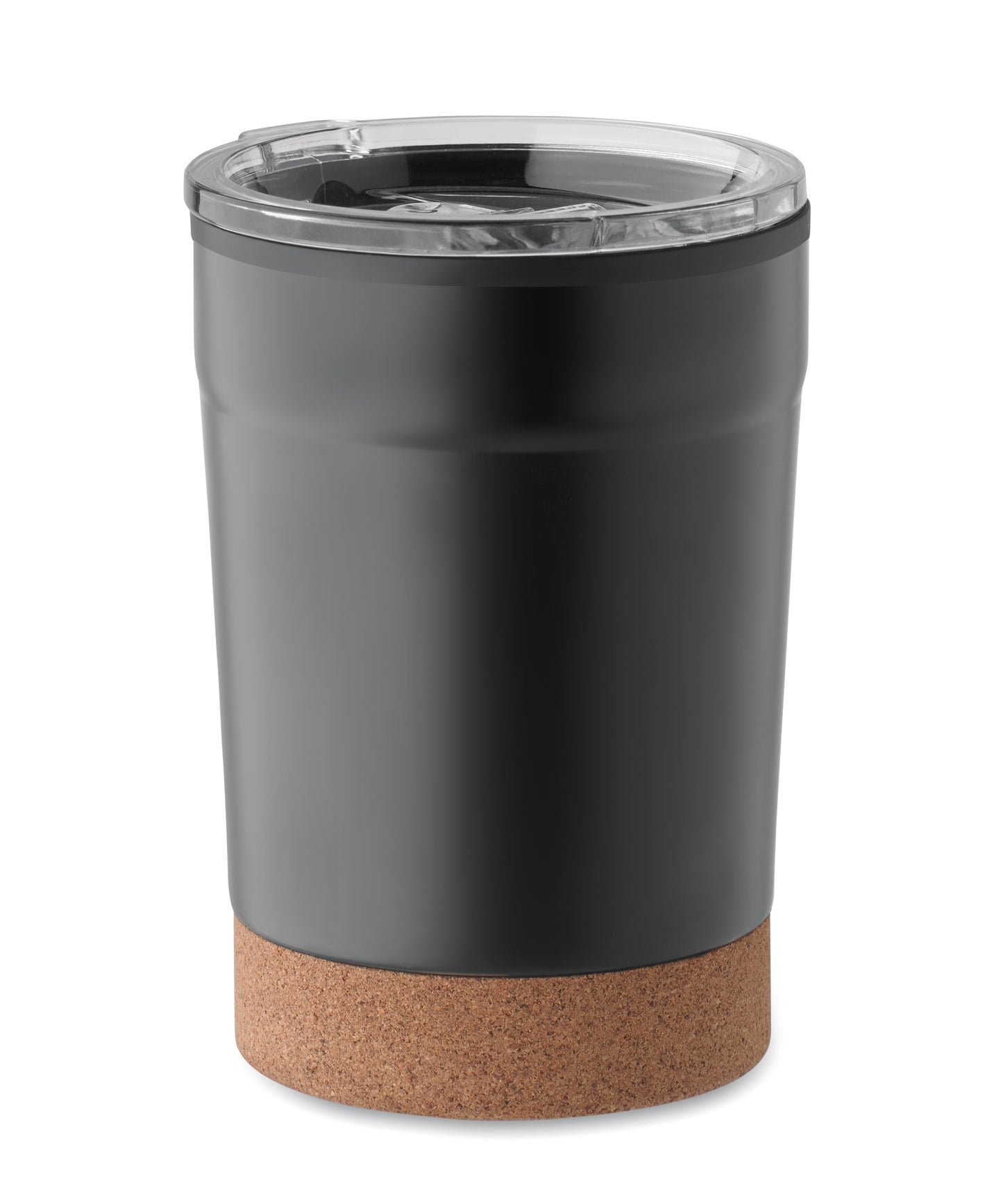 Doppelwandiger Becher aus Edelstahl mit PP-Innenseite. Der Boden ist mit Kork abgesetzt.