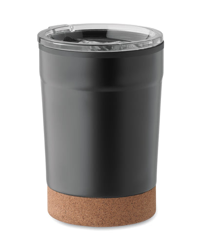 Doppelwandiger Becher aus Edelstahl mit PP-Innenseite. Der Boden ist mit Kork abgesetzt.