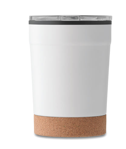 Doppelwandiger Becher aus Edelstahl mit PP-Innenseite. Der Boden ist mit Kork abgesetzt.