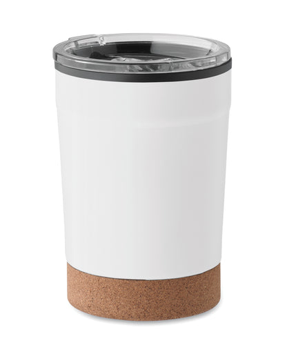 Doppelwandiger Becher aus Edelstahl mit PP-Innenseite. Der Boden ist mit Kork abgesetzt.