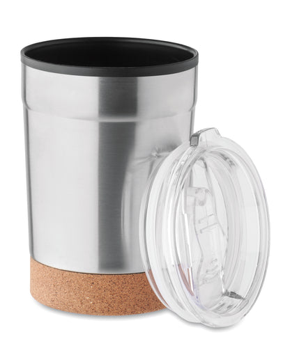 Doppelwandiger Becher aus Edelstahl mit PP-Innenseite. Der Boden ist mit Kork abgesetzt.