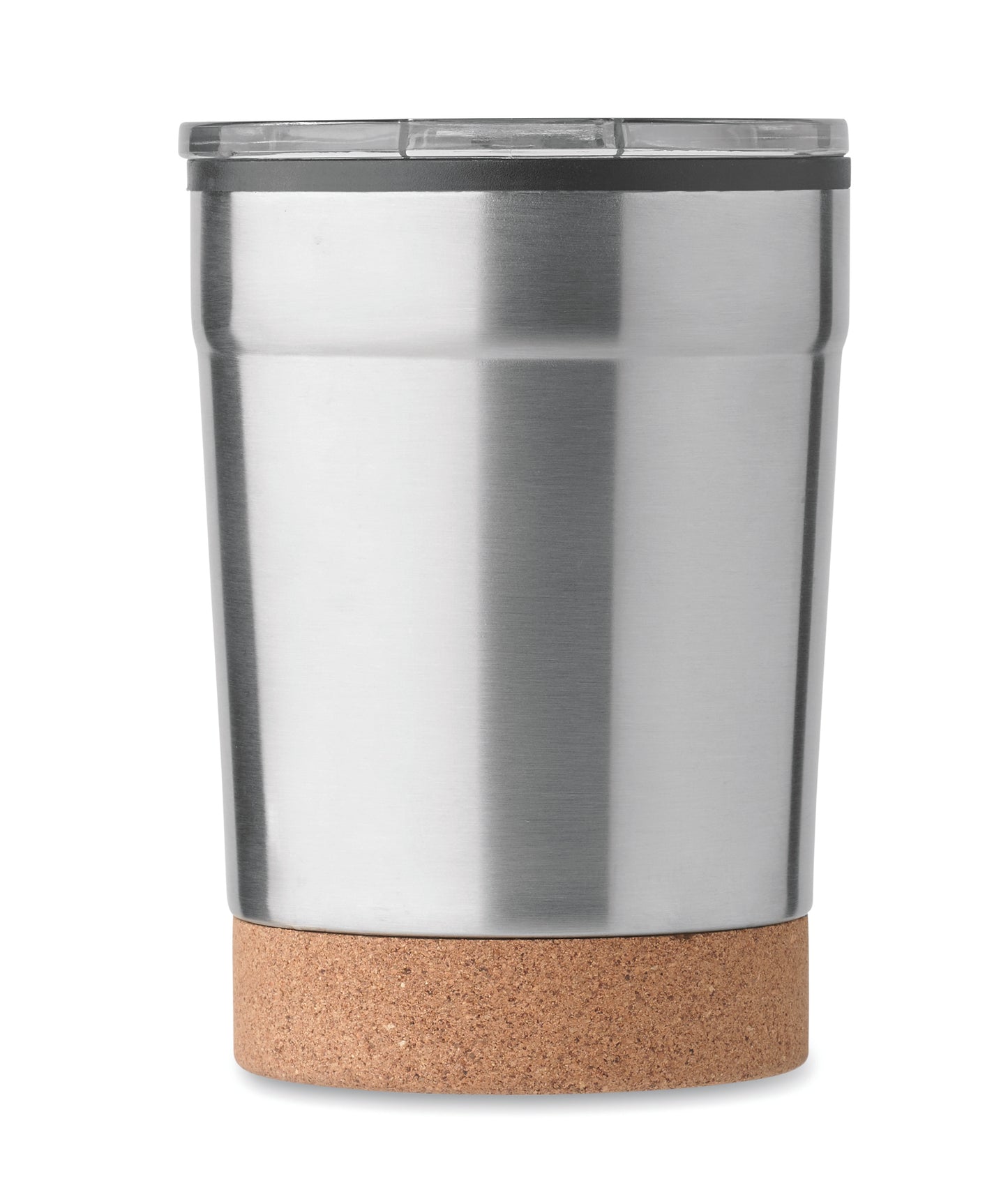 Doppelwandiger Becher aus Edelstahl mit PP-Innenseite. Der Boden ist mit Kork abgesetzt.