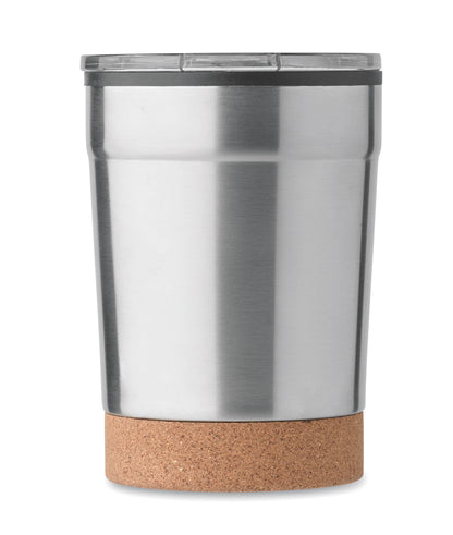 Doppelwandiger Becher aus Edelstahl mit PP-Innenseite. Der Boden ist mit Kork abgesetzt.