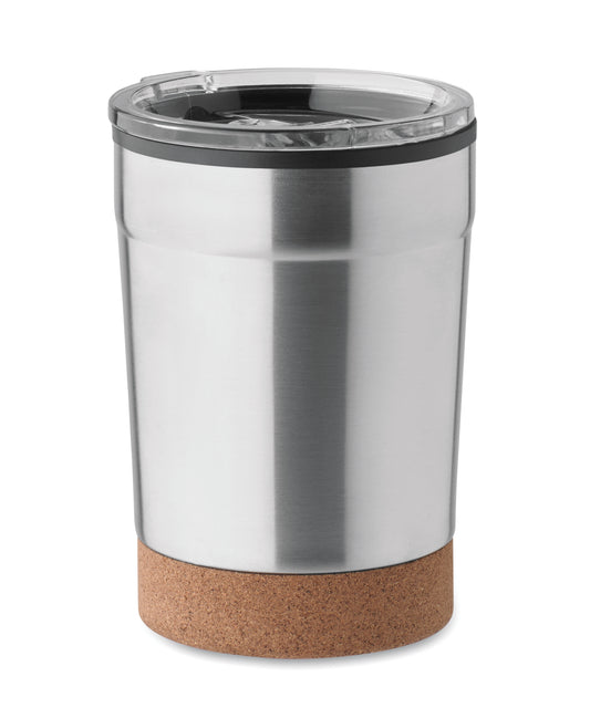 Doppelwandiger Becher aus Edelstahl mit PP-Innenseite. Der Boden ist mit Kork abgesetzt.