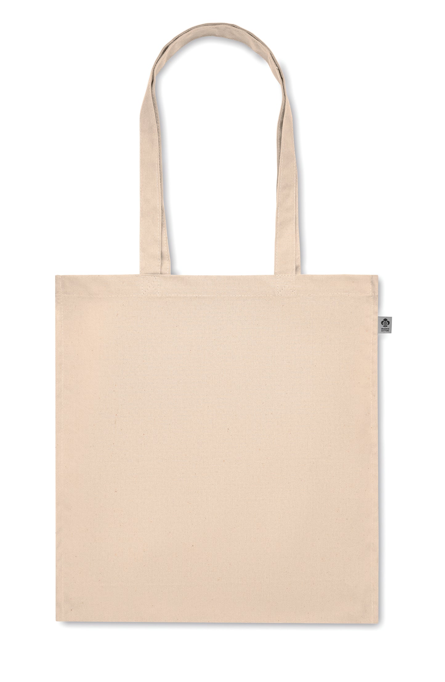 Einkaufstasche aus Organic Cotton mit langen Tragegriffen und Bodenfalz. 220 g/m².