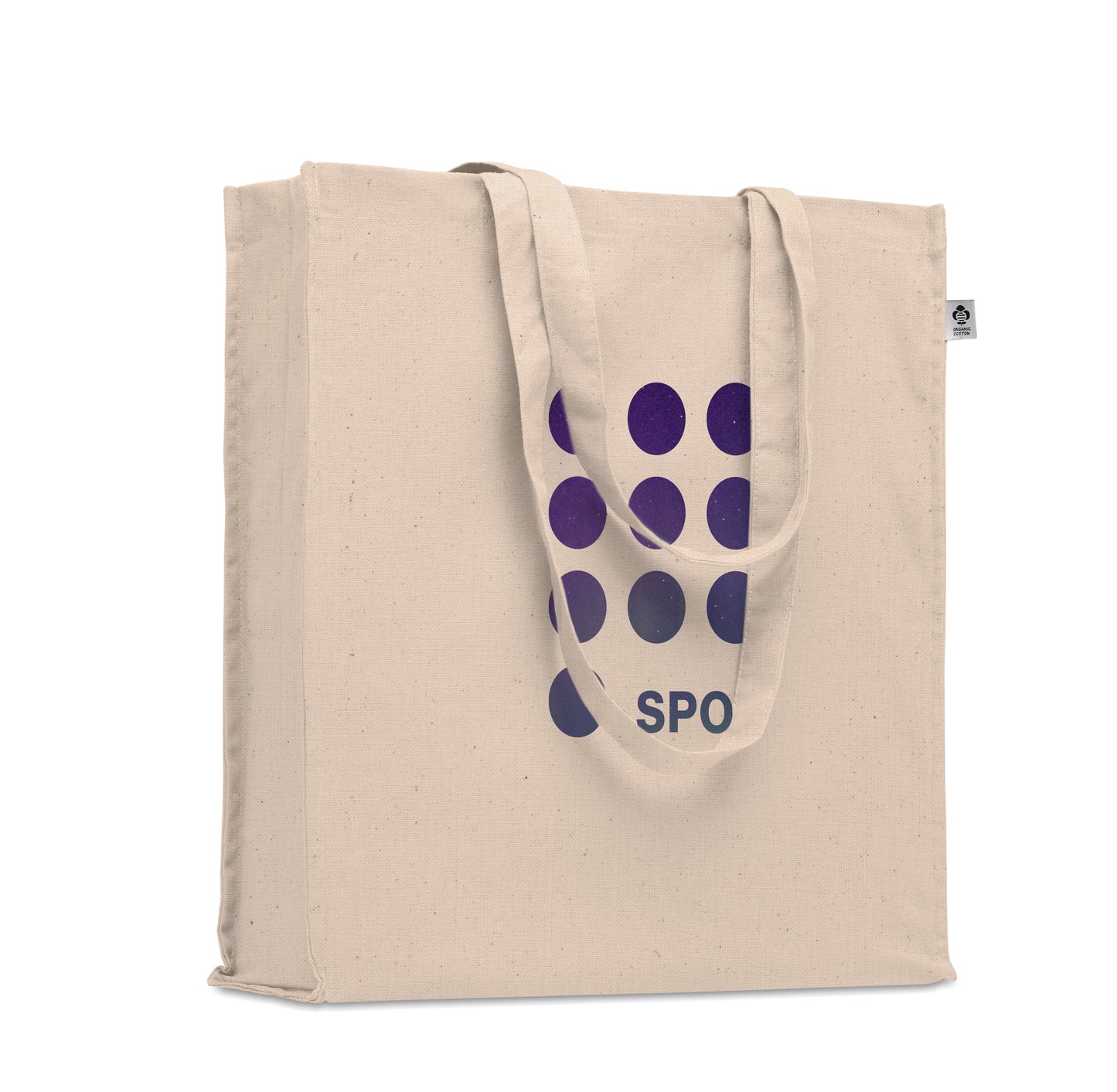 Einkaufstasche aus Organic Cotton mit langen Tragegriffen und Bodenfalz. 220 g/m².
