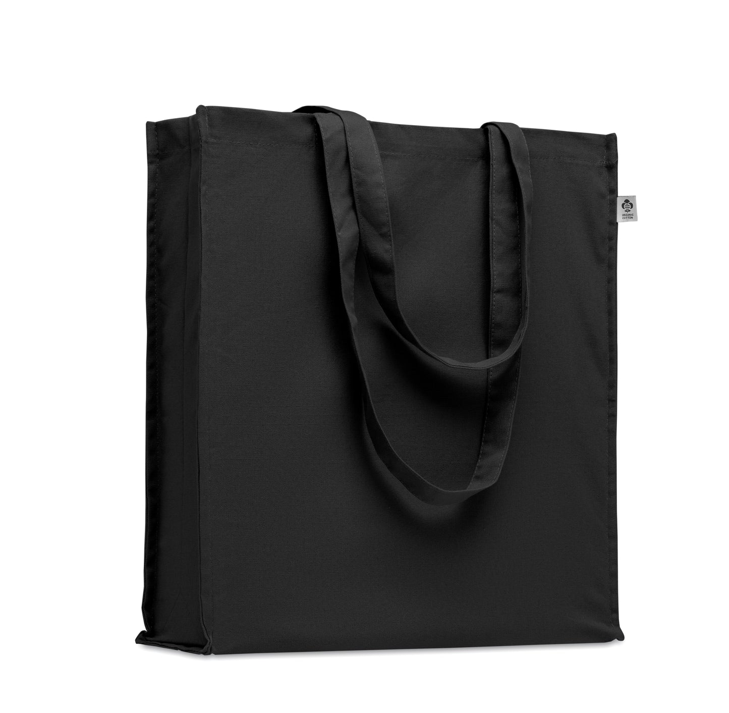 Einkaufstasche aus Organic Cotton mit langen Tragegriffen und Bodenfalz. 220 g/m².
