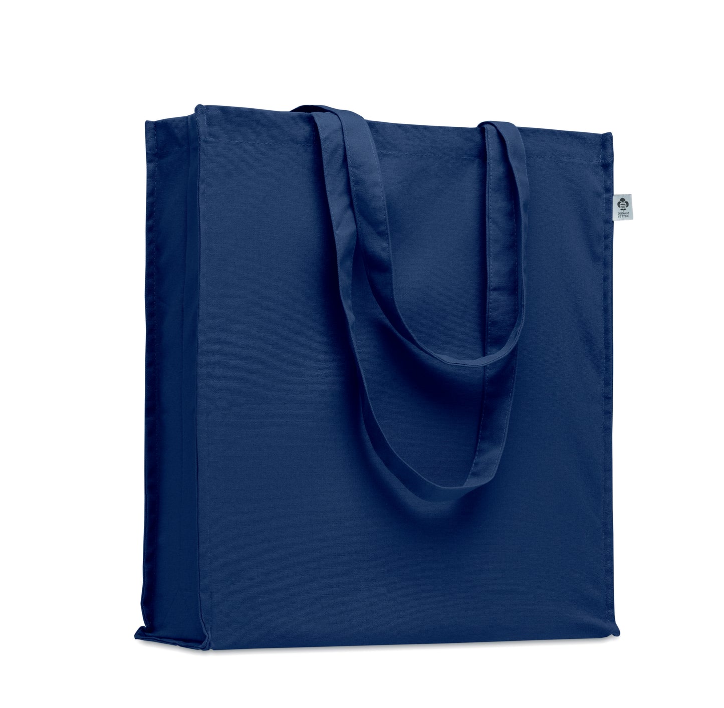 Einkaufstasche aus Organic Cotton mit langen Tragegriffen und Bodenfalz. 220 g/m².