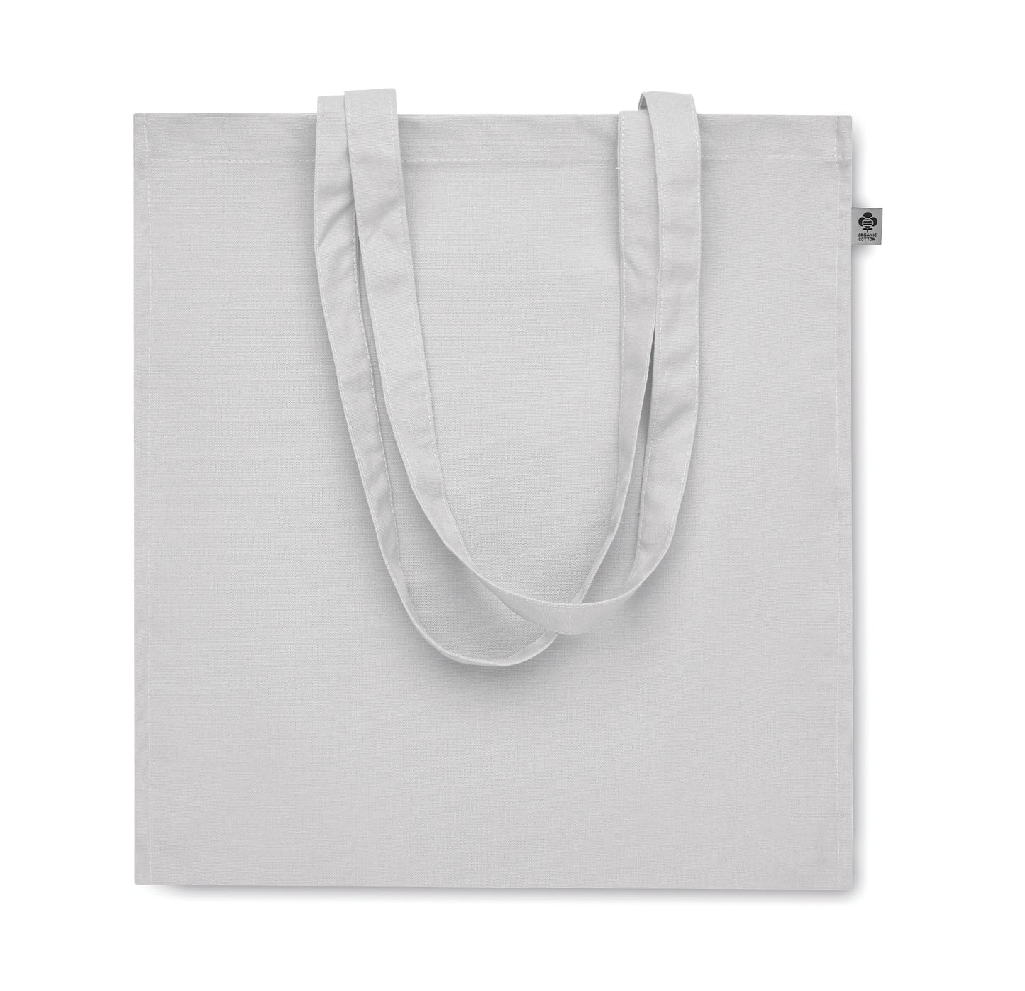Einkaufstasche aus Organic Cotton mit langen Tragegriffen und Bodenfalz. 220 g/m².