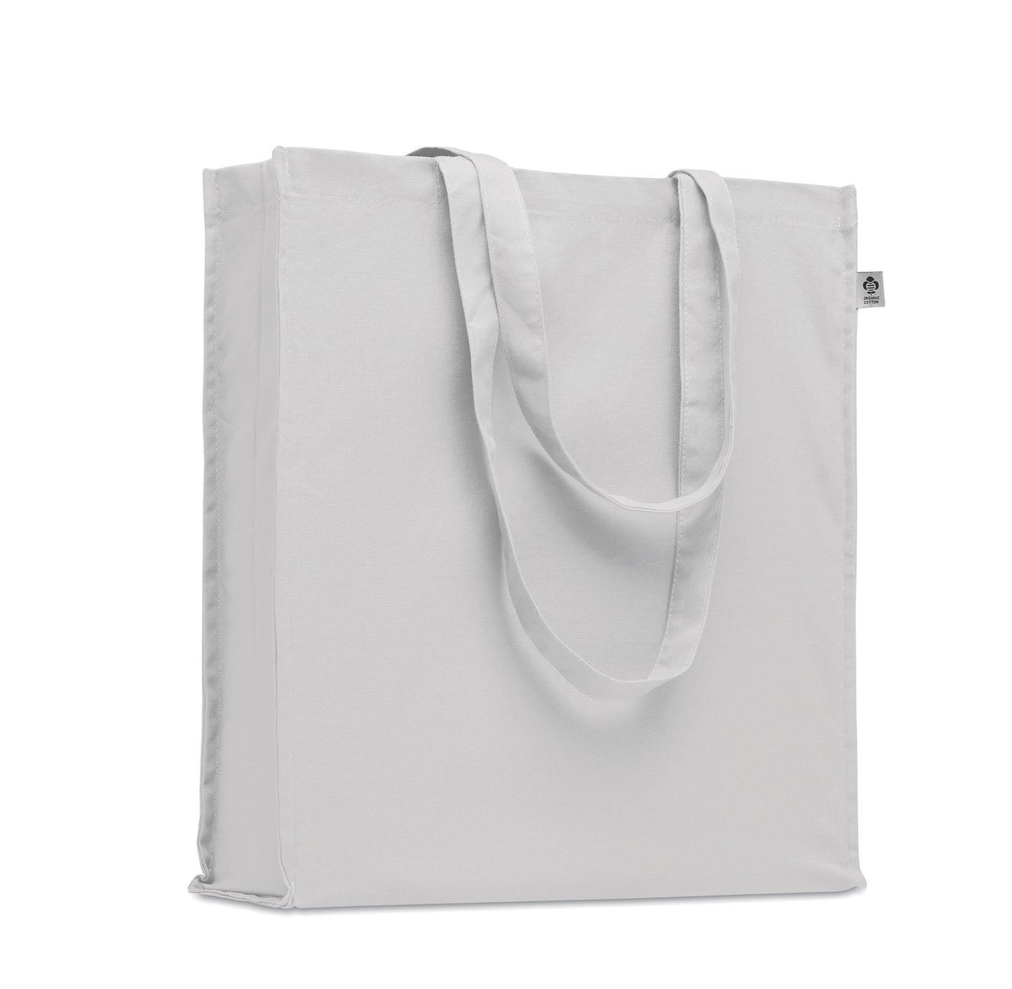 Einkaufstasche aus Organic Cotton mit langen Tragegriffen und Bodenfalz. 220 g/m².