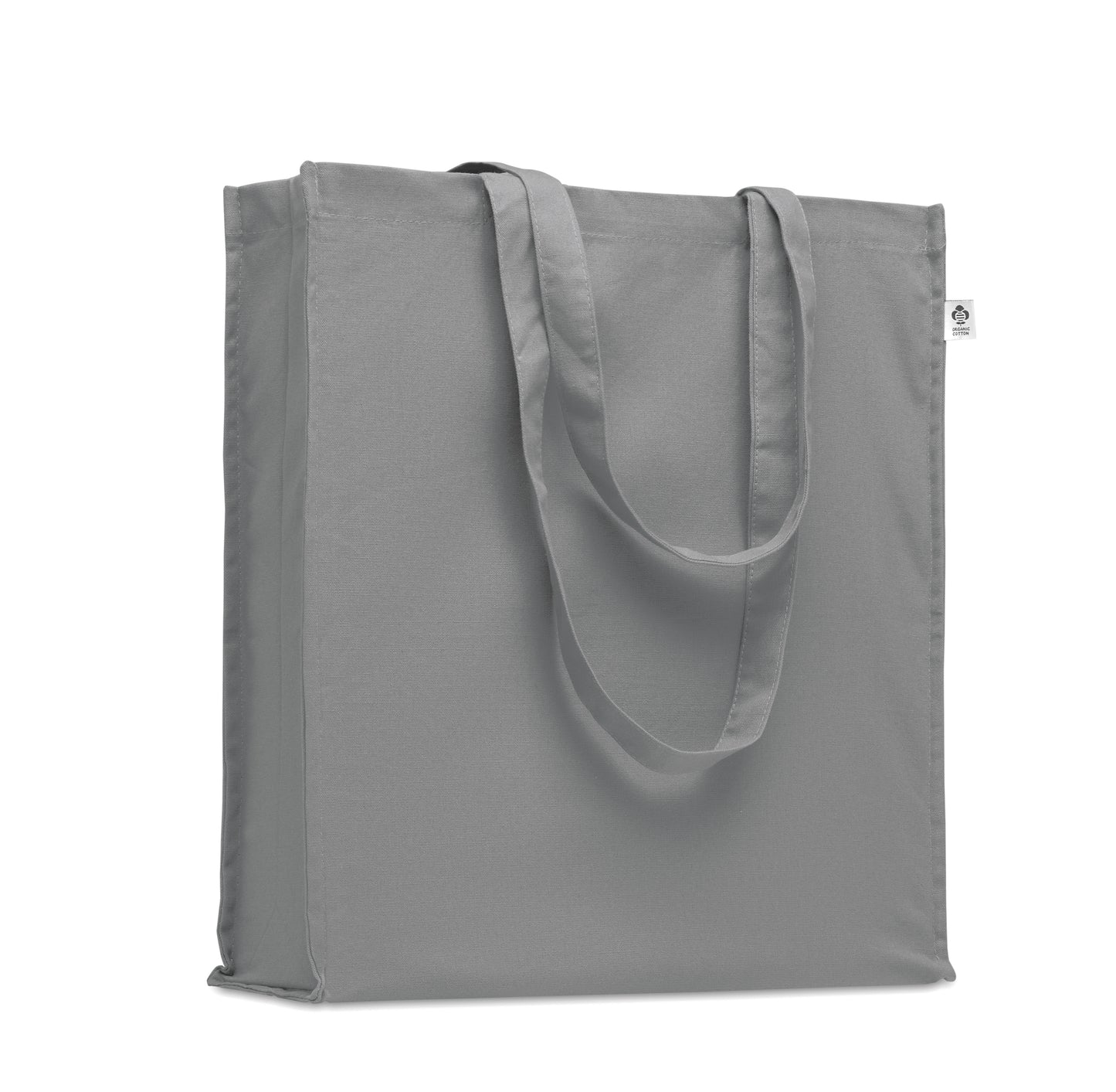Einkaufstasche aus Organic Cotton mit langen Tragegriffen und Bodenfalz. 220 g/m².