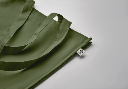 Einkaufstasche aus Organic Cotton mit langen Tragegriffen und Bodenfalz. 220 g/m².