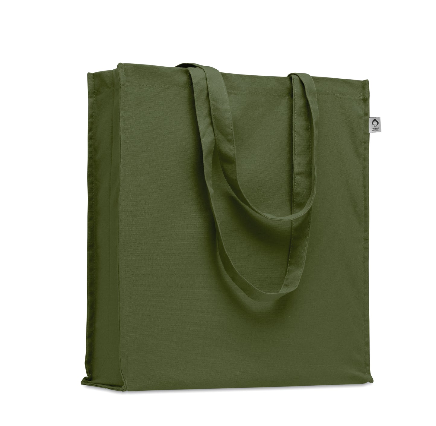 Einkaufstasche aus Organic Cotton mit langen Tragegriffen und Bodenfalz. 220 g/m².
