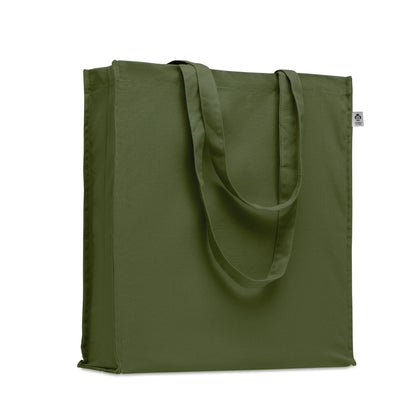Einkaufstasche aus Organic Cotton mit langen Tragegriffen und Bodenfalz. 220 g/m².