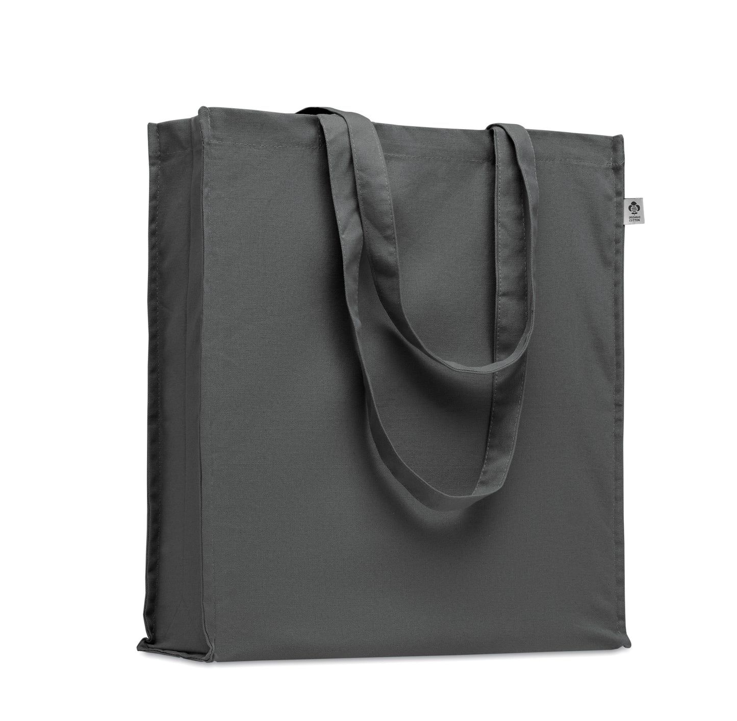 Einkaufstasche aus Organic Cotton mit langen Tragegriffen und Bodenfalz. 220 g/m².