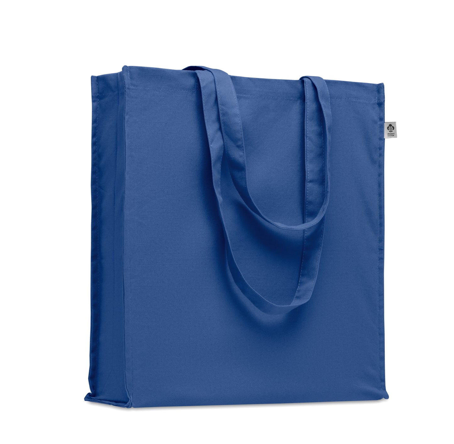 Einkaufstasche aus Organic Cotton mit langen Tragegriffen und Bodenfalz. 220 g/m².