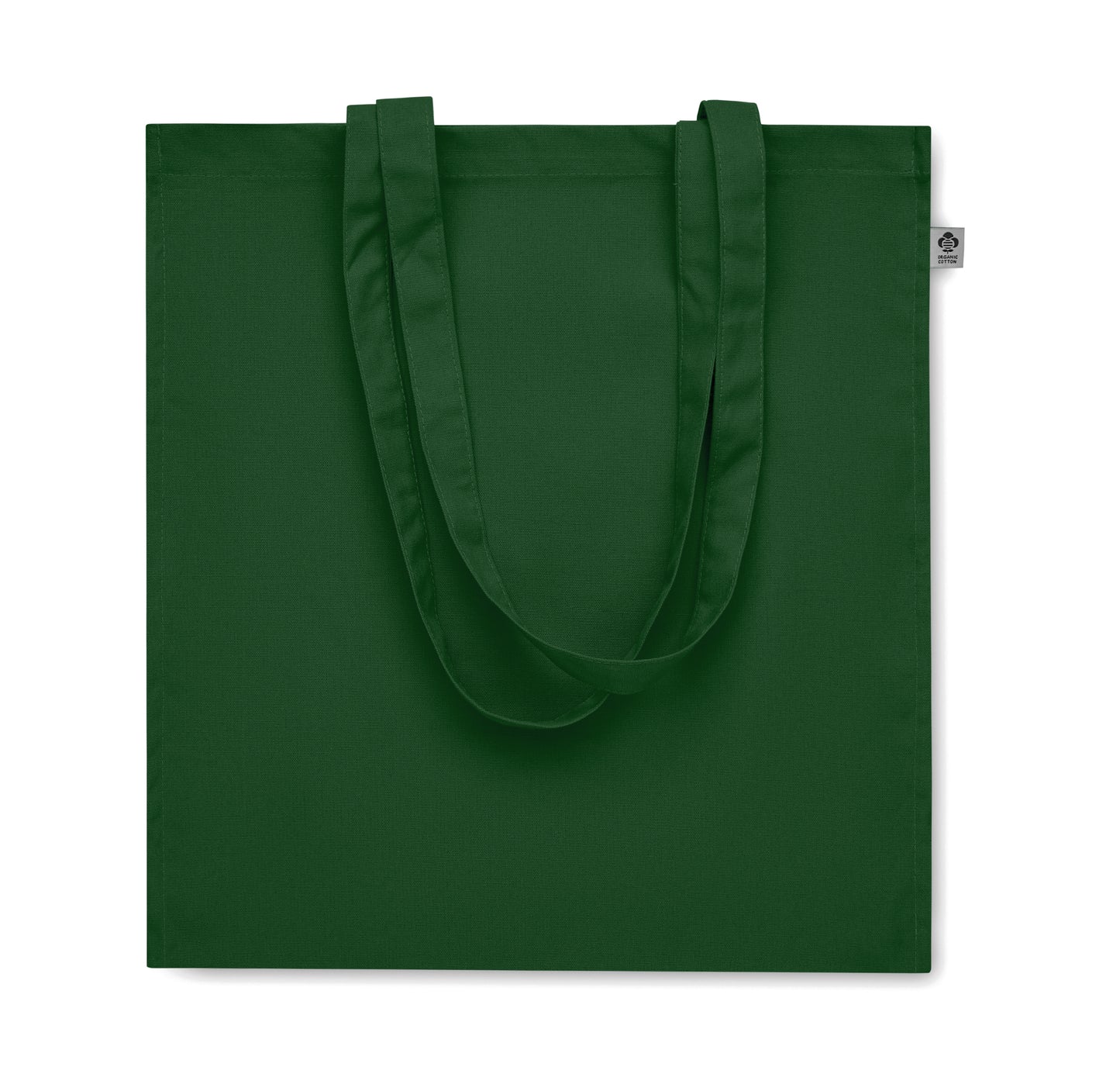 Einkaufstasche aus Organic Cotton mit langen Tragegriffen und Bodenfalz. 220 g/m².