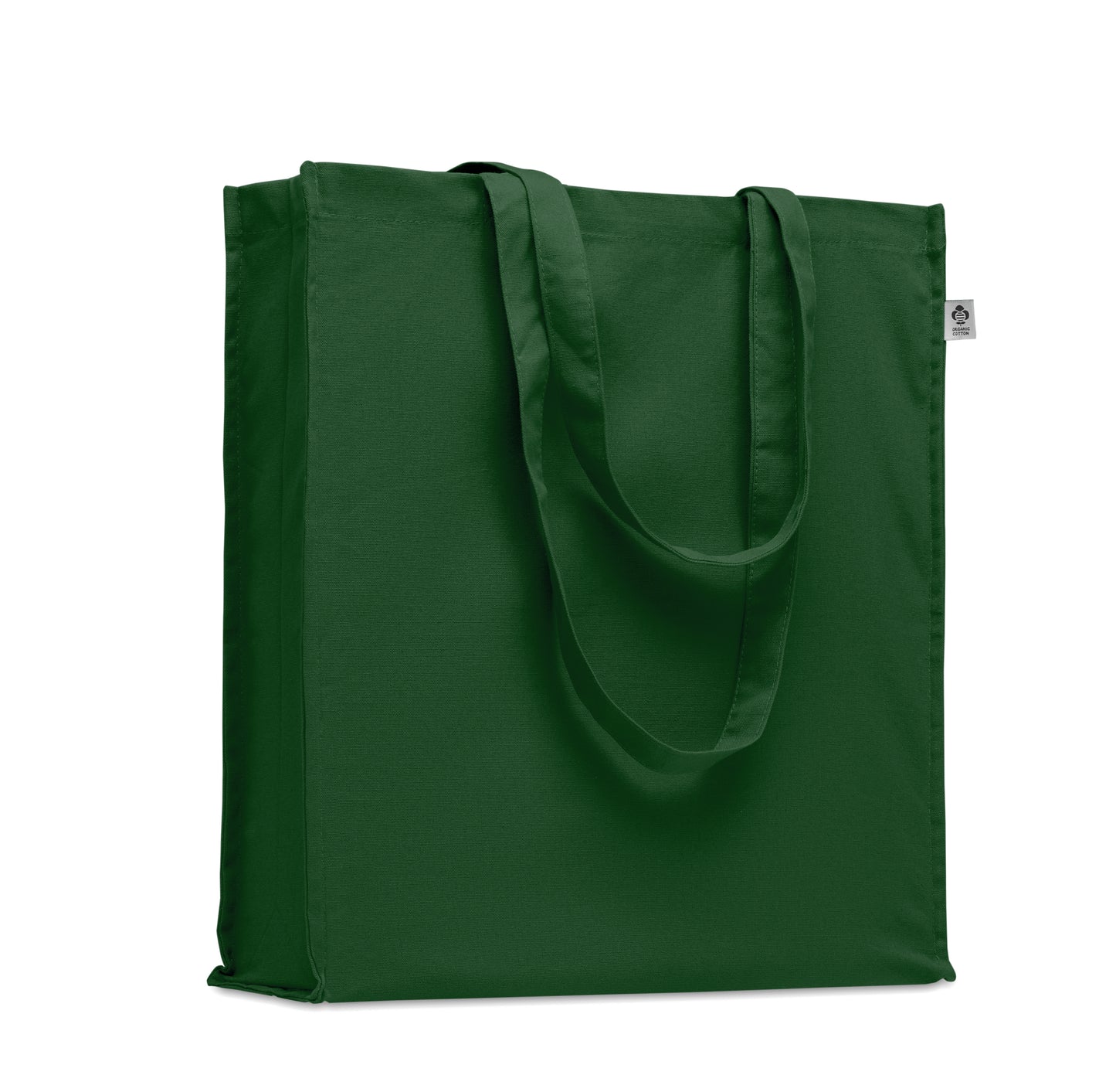 Einkaufstasche aus Organic Cotton mit langen Tragegriffen und Bodenfalz. 220 g/m².