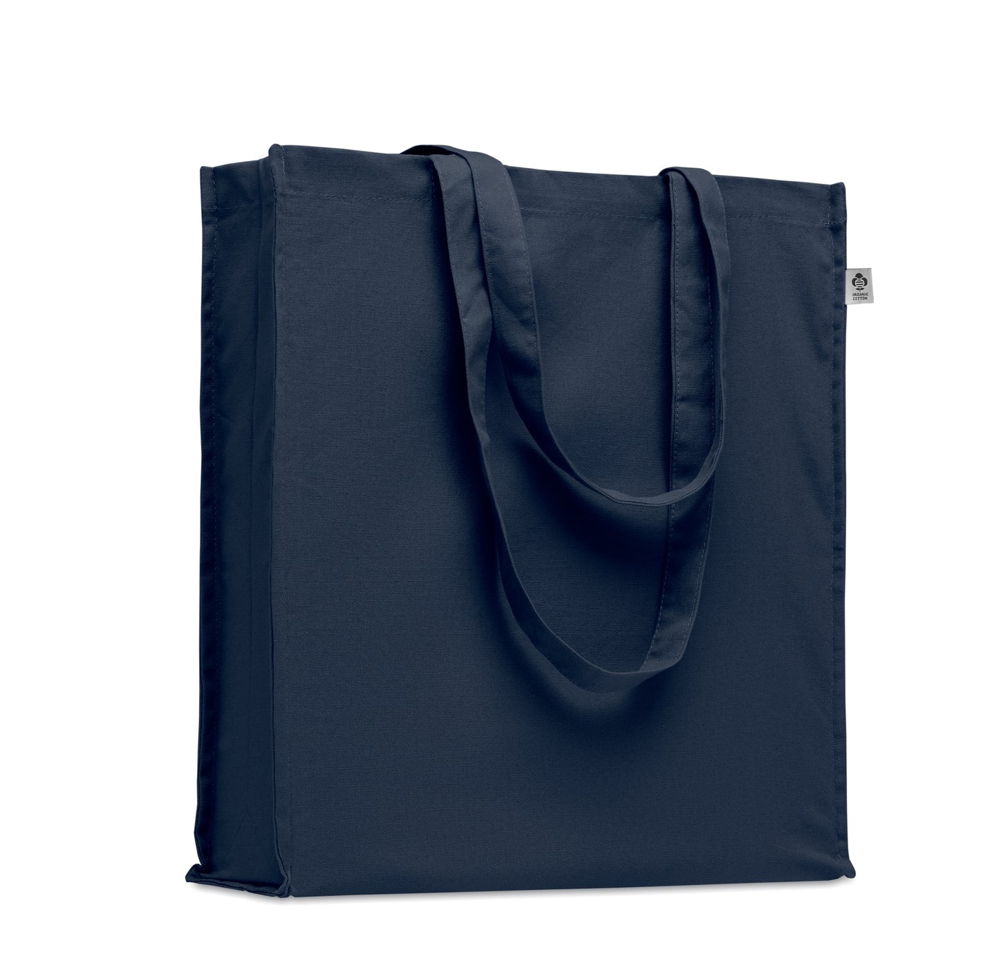 Einkaufstasche aus Organic Cotton mit langen Tragegriffen und Bodenfalz. 220 g/m².