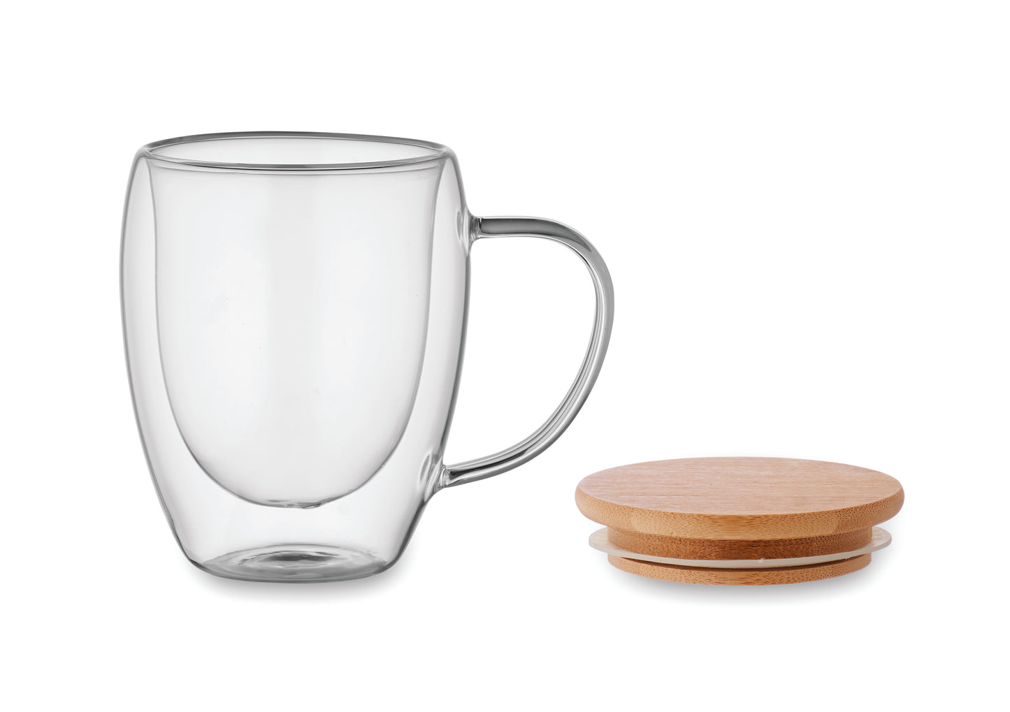 Doppelwandiges Borosilikatglas mit Henkel. Deckel aus Bambus. Füllmenge: 250 ml.