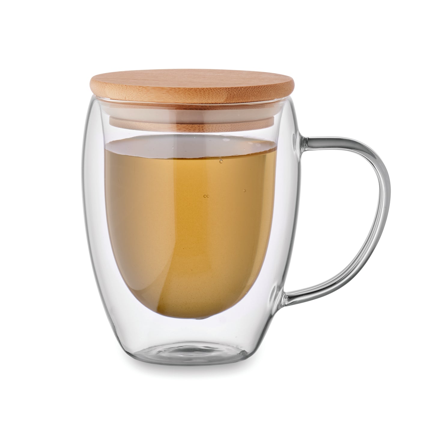 Doppelwandiges Borosilikatglas mit Henkel. Deckel aus Bambus. Füllmenge: 250 ml.
